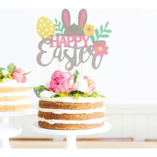 Happy Easter Cake Topper Rabbit Ear Flower Toppers Kids Easter Party Bunny Shape Cake Decoration Easter Bunny theme Party Supply