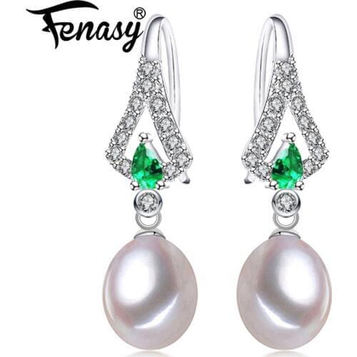 FENASY Natural Pearl Earrings 925 Sterling Silver Long Drop Earrings Bohemian Emerald Green Crystal Earrings For Women Idea Gift
