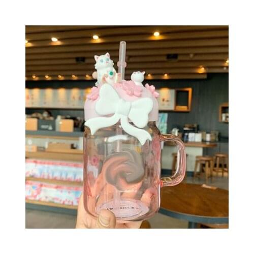 Star Papa New Pink Sakura Pink Mason Glass Straw Cup Bowknot Cat Petal Girl Water Cup