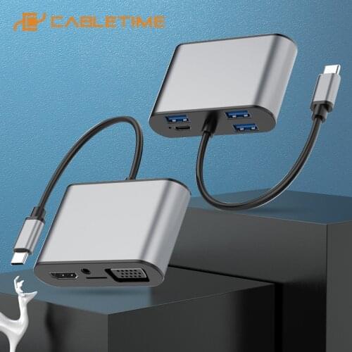 CABLETIME 8 in 1 USB C HUB to 4K HDMI VGA USB 3.0 5Gbps SD TF Card Reader Aux 3.5mm for Laptop Lenovo Dell H10