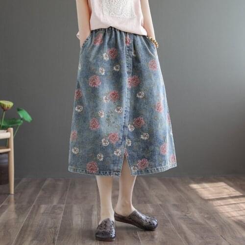 Johnature Spring Summer Women Retro Floral Pocket All-match Denim Slit Skirt 2021 Leisure Loose Comfortable Female 2 Color Skirt