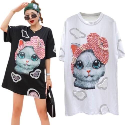 Women Short Sleeve Oversize T Shirt Kawaii Cartoon Pearls Beading Tops Summer Funny Long T-Shirt For Girl All Match Basic Tee