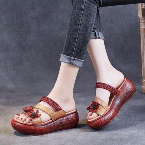 YourSeason Genuine Leather Floral Summer Shoes Ladies Outside Slides Handmade Casual Women Wedges Slippers 2021 New