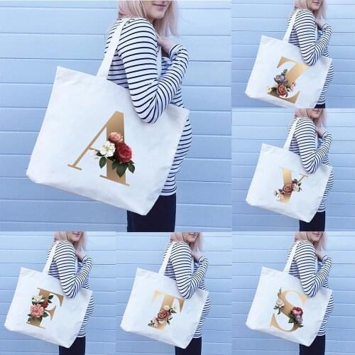 Gold Letters Rose Flower Fashion Shoulder Bag Causal Zipper Shopping Bags Canvas Portable Shopper Pouch Tote Bags for Women