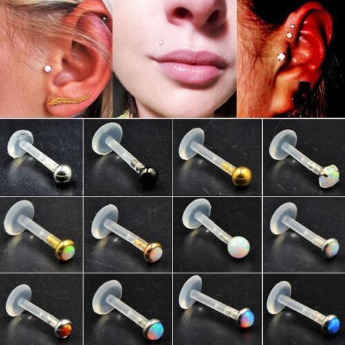 1Pc Bioplast Flexible Labret Lip Bar Ring Earring Push Fit Opal/Ball Top 16g Ear Cartilage Hot Sale Piercing Body Jewelry