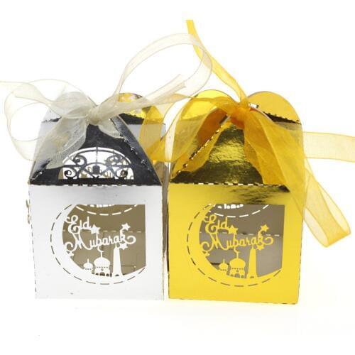 100pcs /lot Gold Silver Happy Eid Mubarak Paper Gift Box Ramadan candy box Islamic Party Happy Eid Mubarak Decorations