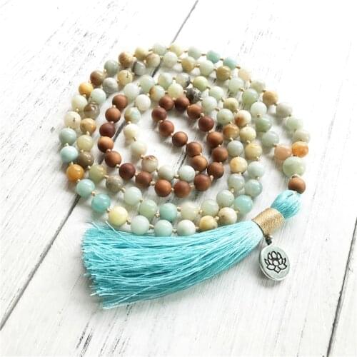 108 Mala Beads Necklace Prayer Tassel Meditation Jewelry Hige Quality Amazonite Sandalwood Hand Knotted Necklace Lotus Yoga mala