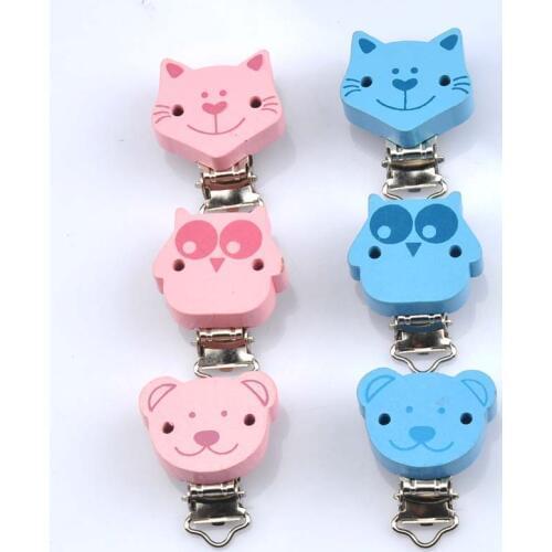 2PCs Cat Painted Baby Pacifier Clips Round Wood Charms Soother Clasps For Hamemake DIY Craft 34x40mm MT0973