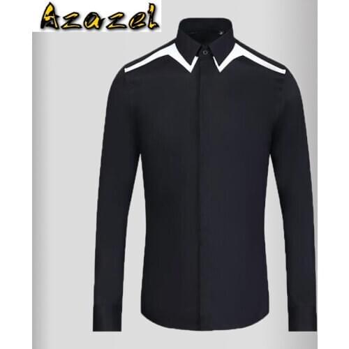 Azazel Simple Mens Shirts Luxury Black White Shoulder Splice Long Sleeve Casual Mens Dress Shirts Fashion Slim Fit Male Shirts