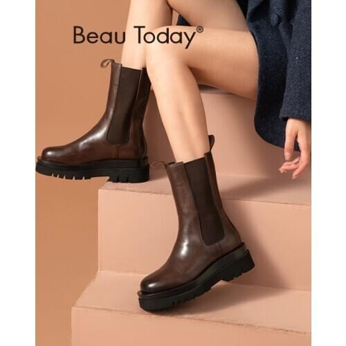 BeauToday Mid-Calf Boots Platform Women Cow Leather Elastic Band Round Toe Autumn Fashion Ladies Shoes Handmade 02369