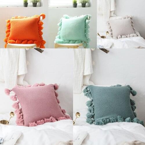 Kids Room Knitting Pillowcase Boho Style Plush Ball Fringe Cushion Covers
