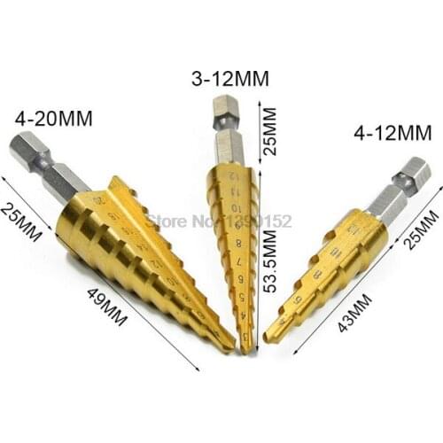By dhl 200set high quality 3pcs/set Hss Steel Titanium Step Drill Bits 3-12mm 4-12mm 4-20mm Step Cone Cutting Woodworking Tools