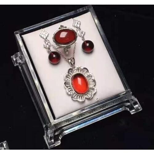 ECHSUNs925 sterling silver natural blood amber earrings ring pendant necklace three-piece womens luxury jewelry