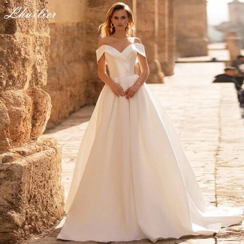 Lhuilier Elegant A-line Off the Shoulder Satin Wedding Dresses 2021 Boat Neck Floor Length Court Train Bridal Dress