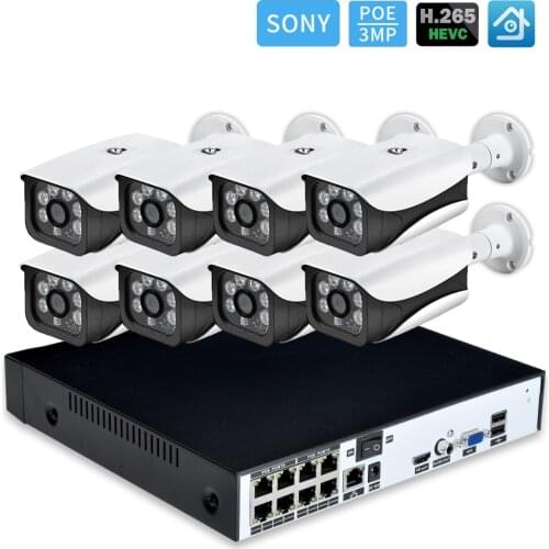 Hamrolte POE CCTV System H.265 8CH POE NVR 3MP Sony Bullet Waterproof Outdoor 48V POE Camera Kit Motion Detection XMEYE P2P