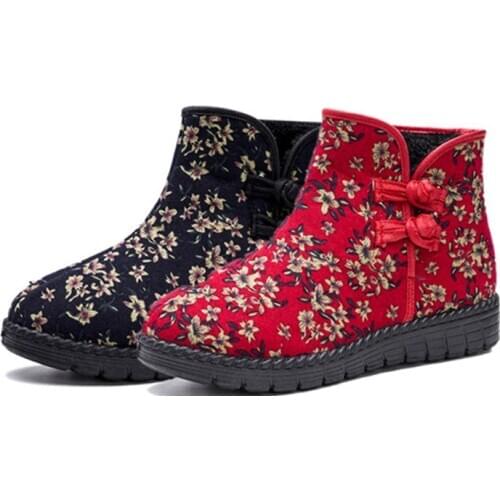 Classic cotton shoes ladies fashion retro plus velvet middle-aged and elderly floral warm non-slip wear-resistant Wangdu cotton