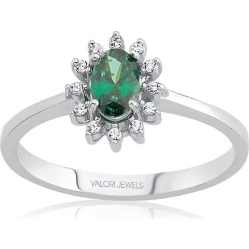 Valori Jewels Elegant Oval, 0.40 Carat, Zirconia Green And White Oval Gemstone, Rhodium Plated, Sterling Silver Solitaire Ring