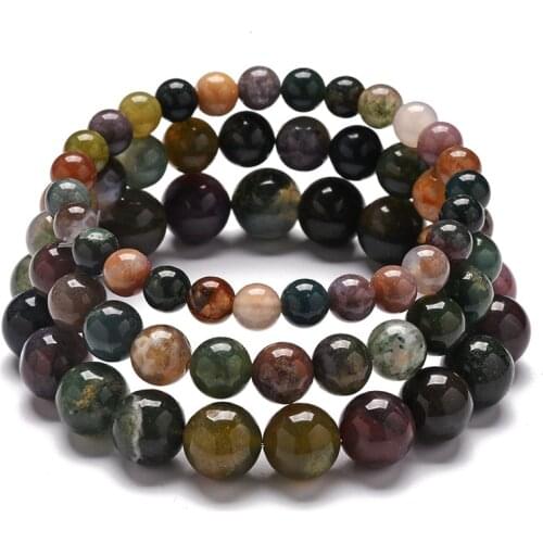 6/8/10mm Round Ball Beaded Bracelets Stretch Rainbow Stone Natural India Agates Moss Quartz Stone Wristband Bracelets Women Male