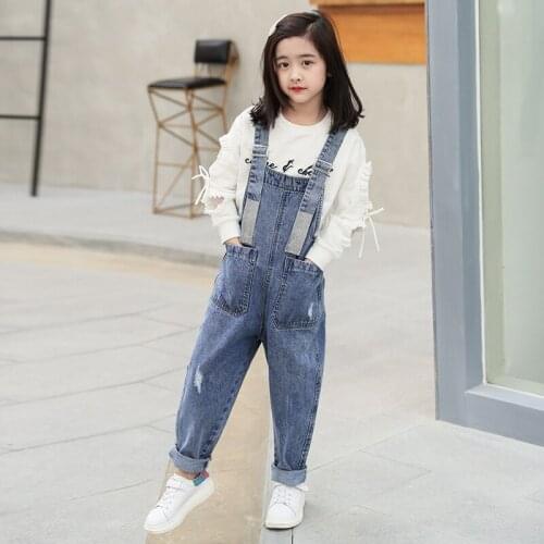 Fashion Teenage Girls Overall Kids Denim Jumpsuit Children Overalls Jeans Spring Fall Jeans Pants Cowboy Pockets Clothing 6-16Y