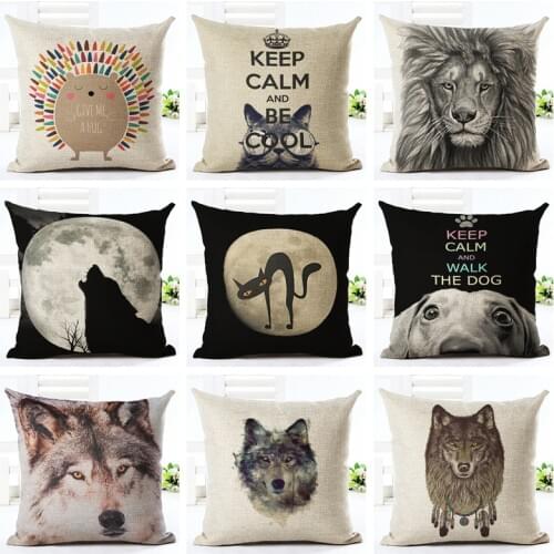 Cartoon Animal Wolf Lion Dog Cotton&linen 45*45cm Party Cushion Throw Pillow Covers Halloween Pillow Case