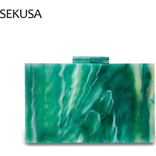New Fashion Women Evening Bag Cute Green Gold Acrylic Chain Handbags Luxury Square Party Wedding Bags Casual Vintage Box Clutch