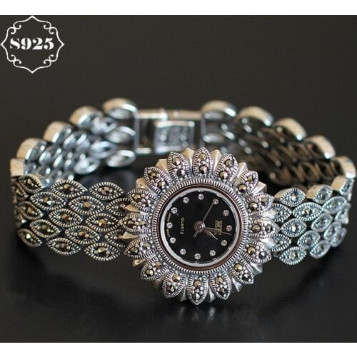 Limited Classic Elegant S925 Silver Pure Thai Silver Sun Flower Bracelet Watches Thailand Process Rhinestone Bangle Dresswatch