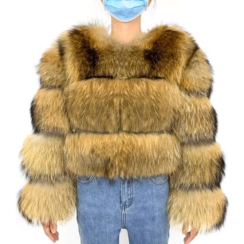 2021 Real Raccoon Fur Coat Plus Size Women Big Fluffy Real Fur Coat Natural Winter Women Round Neck Warm Thick New Style
