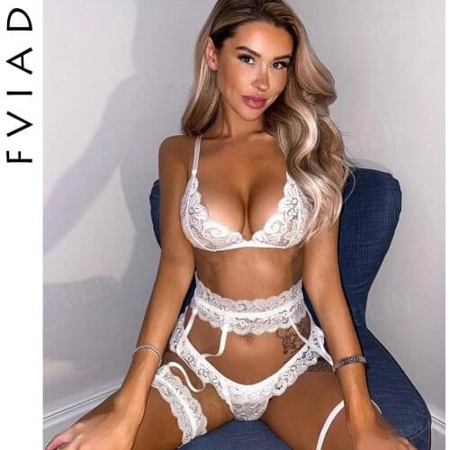 New Women Lace Underwear Suit Erotic Gather Stitching Bra Briefs Personalized Garter Three Piece Set Perspective Sexy Lingerie