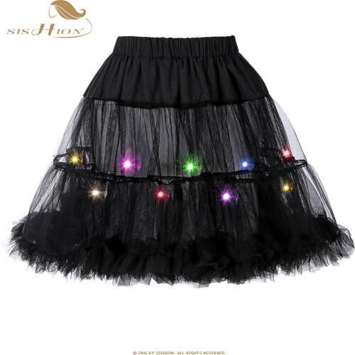 SISHION Pleated 2 Layers Tulle Skirt Dance Christmas Party Colorful LED light Tutu Skirts Sexy Black White Mini Skirt LP0001
