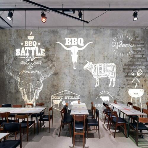 Custom 3d mural American retro steak western restaurant beef hot pot shop brick wall mural kitchen wallpaper