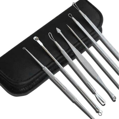 7Pcs Stainless Steel Blackhead Extractor Remover Tool Pimple Blemish Extractor Facial Skincare Set Kit With Leather Storage bag