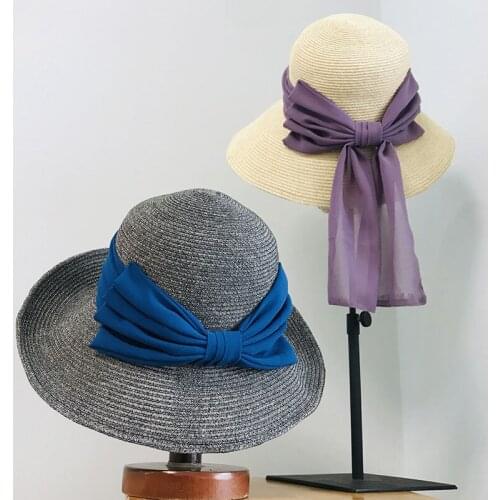 2021 New Floppy Summer Hat for Women Long Ribbon Bow Sun Beach Straw Hat Foldable Wide Brim Kentucky Derby Party Dressy 55-60cm