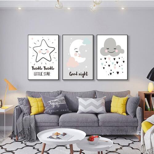 Nordic Modern Cute Cartoon Moon Stars Cloud Decorative Painting Art Childrens Room Painting Poster and print cuadros decoracion