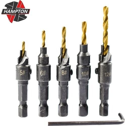 Hampton HSS Carpentry Countersink Drill Bit Titanium Coated Hex Shank Twist Drill 5 Flutes Countersink Set For Woodworking