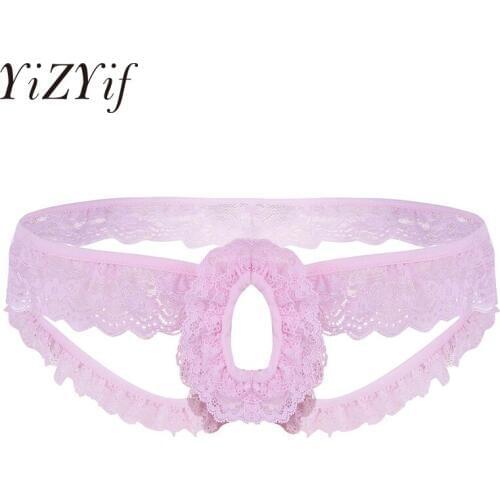 YiZYiF2018 Pink Mens Sexy Lacework Crotchless G-string Thongs Jockstrap Lingerie T-Back Mens Sissy Panties Underwear Underpants