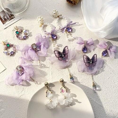 Vintage Soft Waxy Temperament Purple Chiffon Earrings Sweet Exaggerated Butterfly Design Dangle Retro Korean Women Earring
