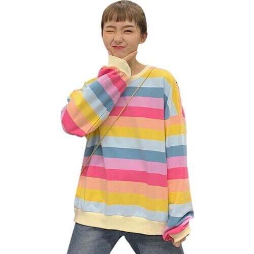 Rainbow Stripes T Shirt Korean Collage Spring Pullover Tops Women O-Neck Oversize T-shirt Fashions Tops