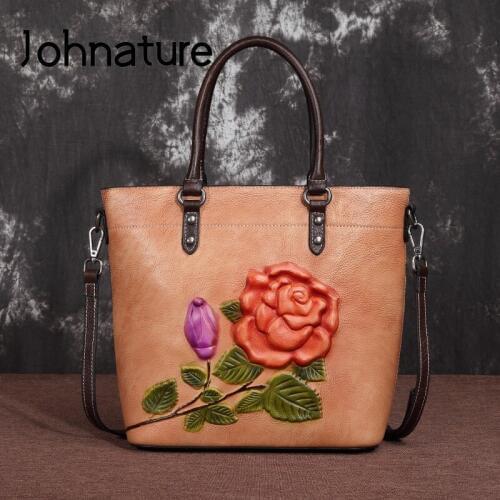 Johnature Handmade Embossing Handbag Retro Cow Leather Women Bag 2020 New Bucket Bag Large Capacity Shoulder Messenger Bags
