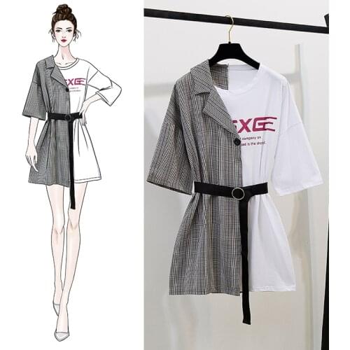 2020 Summer short sleeve patchwork mini dresses women office ladies faux two piece plaid shirt dress female Summer dresses