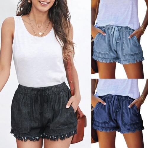 Womens Shorts, Elastic Lace Up Waist Denim Color Leisure Tassels Hem Short Pants for Female