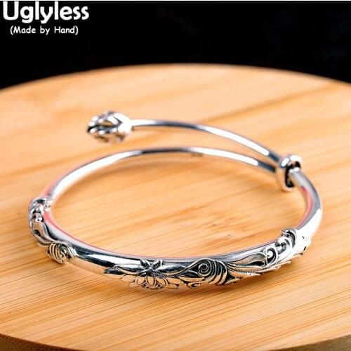 Uglyless Push-pull Adjustable Glossy Thai Silver Lotus Bud Bangles for Women Solid 999 Full Silver Lotus Jewelry Ethnic Bangles