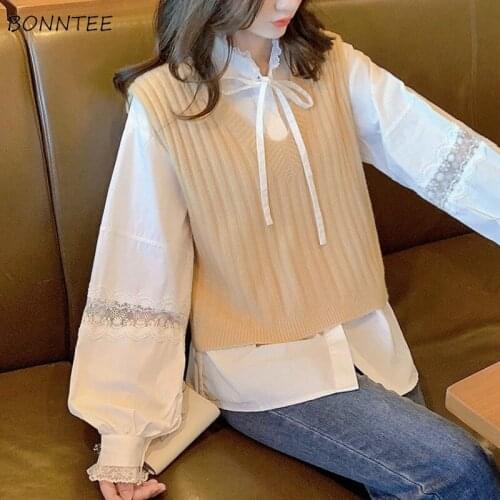 Sweater Vest Women Lace Up Solid Simple Lovely College Elegant Female All Match V-Neck Casual Stylish Popular Sleeveless Loose