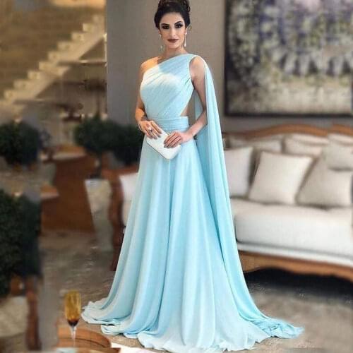 Blue Chiffon A Line Prom Dress 2022 One Shoulder Cape Backless Sweep Train Long Elegant Evening Party Gown Saudi Arabia Woman