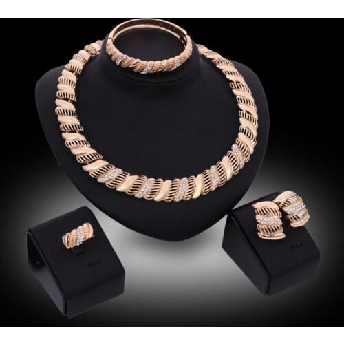 Women Wedding Necklace African Beads Party Jewelry Set Gold Color Austrian Crystal Bangle Earring Ring