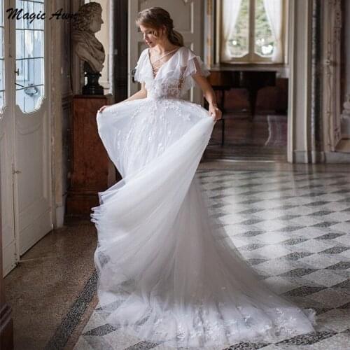 Magic Awn New Princess Wedding Dresses Beach Lace Appliques Illusion Corset Back Boho Bridal Gowns A-Line White Vestido Novia