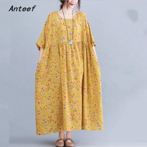 Short sleeve cotton vintage floral dresses for women casual loose long woman summer dress elegant clothes 2021