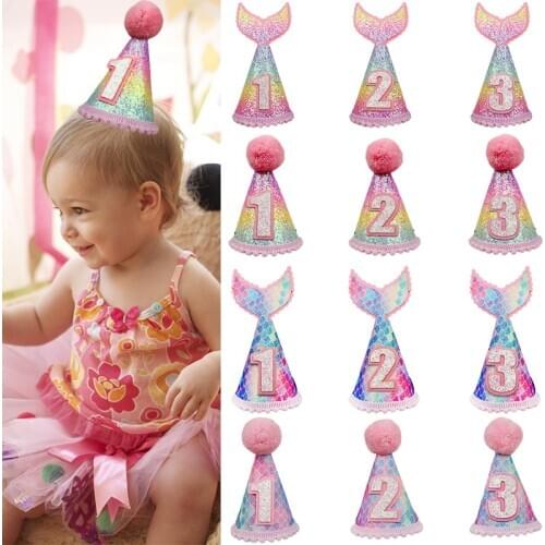 1 2 3 Birthday Caps Colorful Mermaid Tail 1st Birthday Hat Baby Shower Decor Headband For Boy Girl Kids Birthday Party Supplies