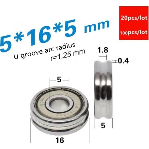 20/100pcs/lot U groove 5*16*5mm 625 R-1650HH Bearing Steel Miniature Cutting Bearing Track Guide Wheel Roller 5x16x5
