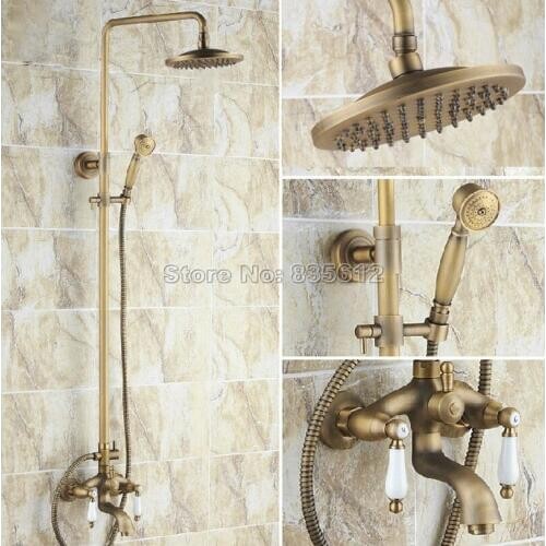 Bathroom Antique Brass 8 inch Rain Shower Faucet Set with Handheld Shower / Wall Mounted Dual Handles Bathtub Mixer Tap Wrs042