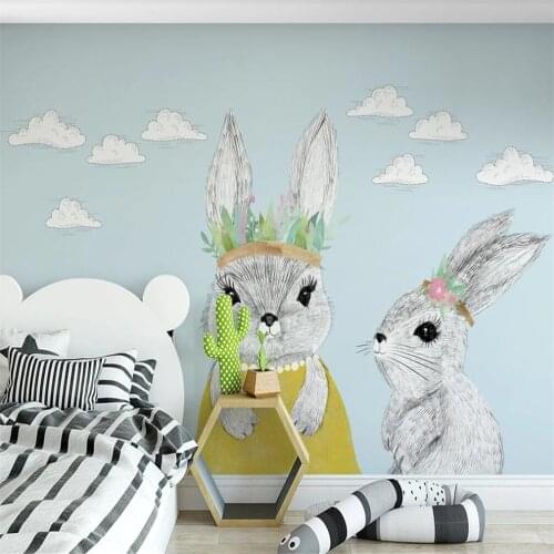 Milofi custom large wallpaper mural Nordic minimalist hand-painted cartoon rabbit animal childrens room background wall paper